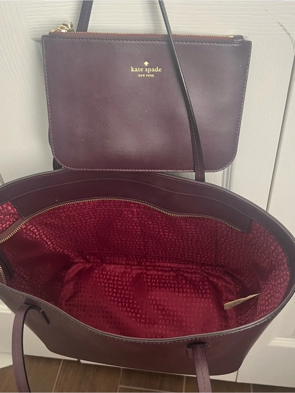 Kate Spade WKRU4766 Plum Leather Tote Bag with Wristlet Harmony